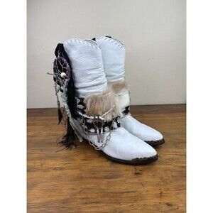 Vtg 1980s Zodiac Brace White Leather Cowboy Boots Boho Upcycled Festival Size 8